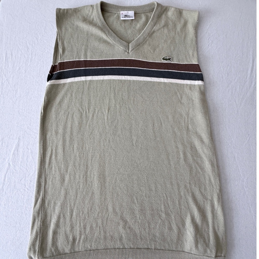 Lacoste Sweater Vest Mens 6 Sage Green Striped V-Neck Cotton Knit Preppy